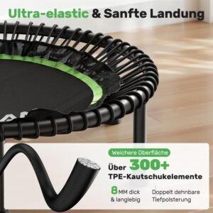 Trampoline de fitness BCAN Pliable - Structure en Acier 204kg et Usage Dynamique 163kg - Detail des cordes elastiques BCAN Cordes élastiques silencieuses du Trampoline de fitness BCAN offrant un rebond sécurisé.