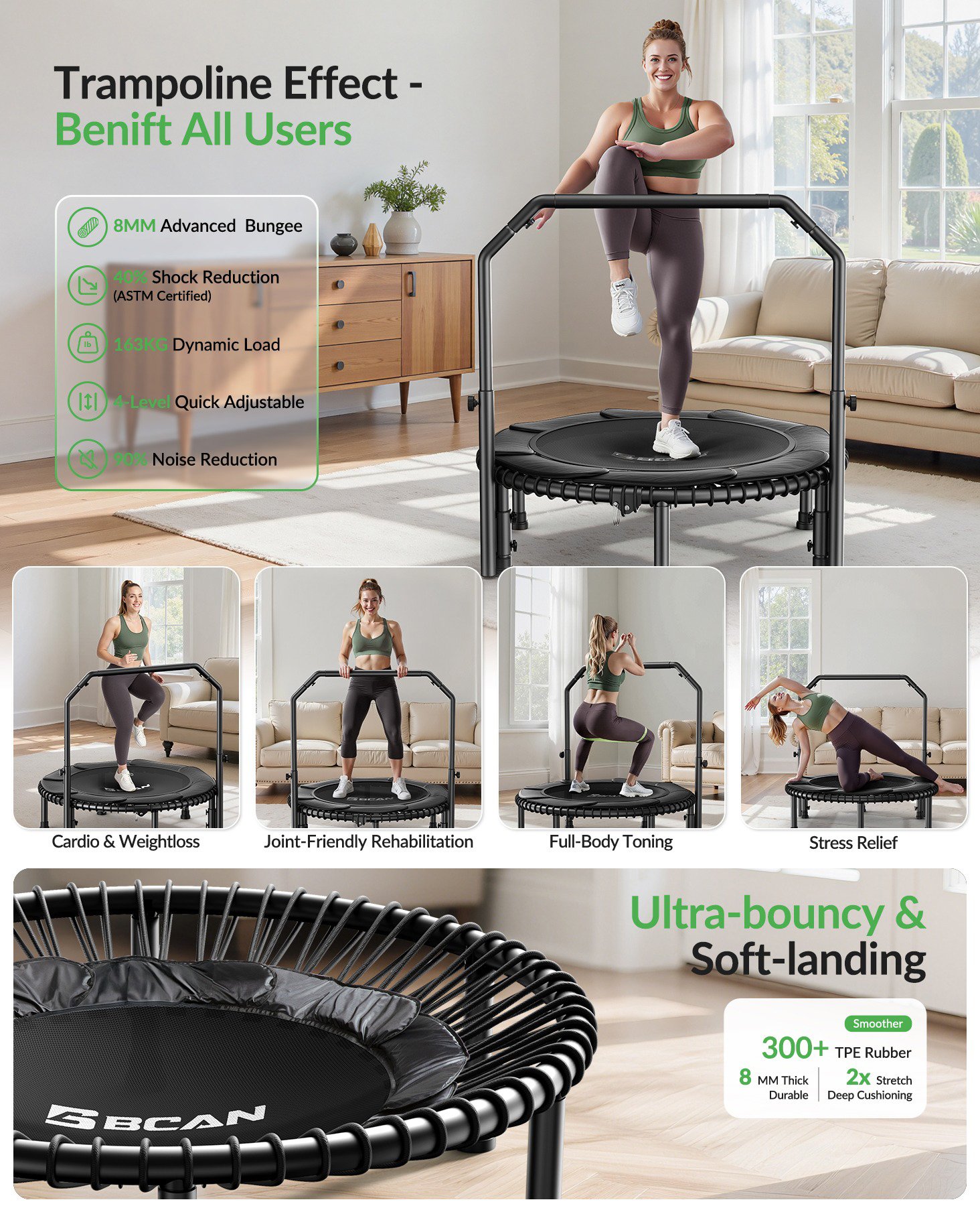 Trampoline de fitness BCAN Pliable - Structure en Acier 204kg et Usage Dynamique 163kg - Tampoline Tampoline